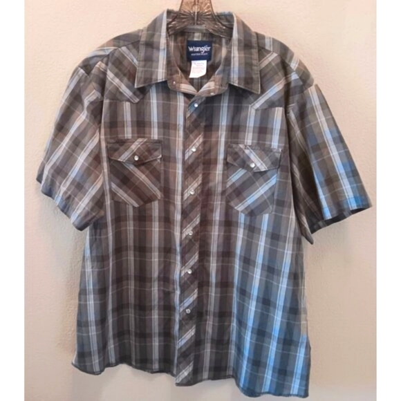 WRANGLER Pearl Snap Western Plaid Shirt XXL Short Slv Pockets Gray Brown White - Picture 1 of 7